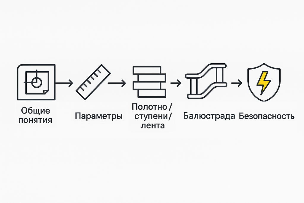 Инфографика «Карта терминов ГОСТ 35270-2025»: группы понятий — общие, параметры, полотно и ступени, балюстрада, безопасность. Упрощённое понимание нового стандарта.