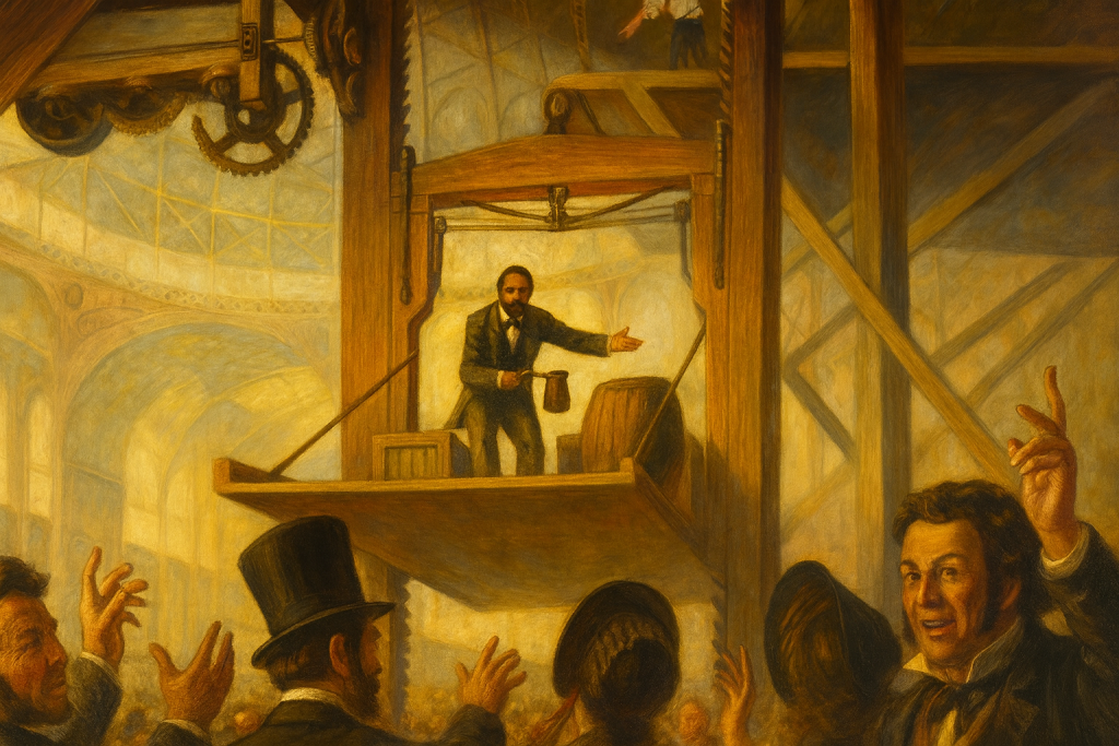 Демонстрация ловителя Элайши Отиса, Нью-Йорк, 1854