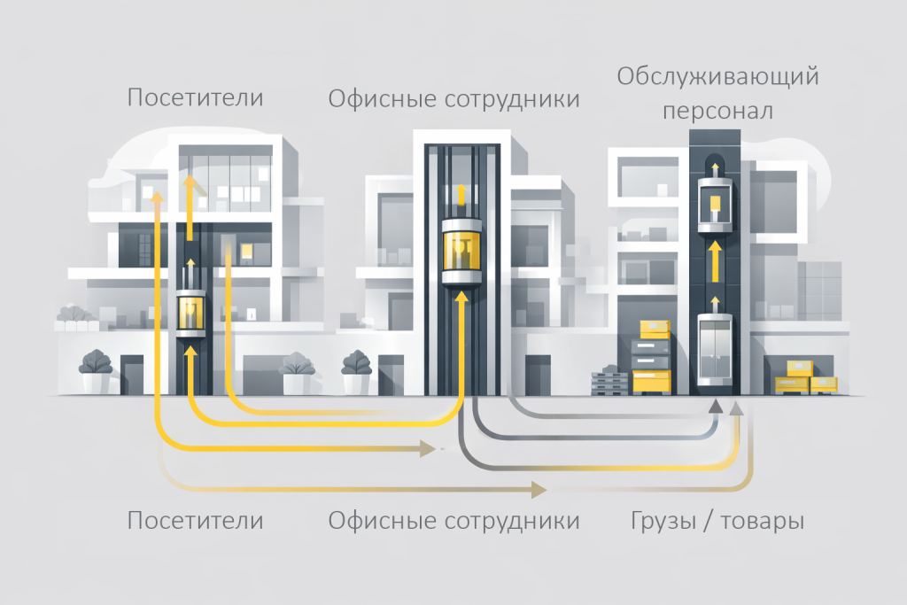 Схема потоков в ТЦ и бизнес-центре: посетители, офисные сотрудники, обслуживающий персонал и грузы/товары — разделение маршрутов и сценариев перевозки
